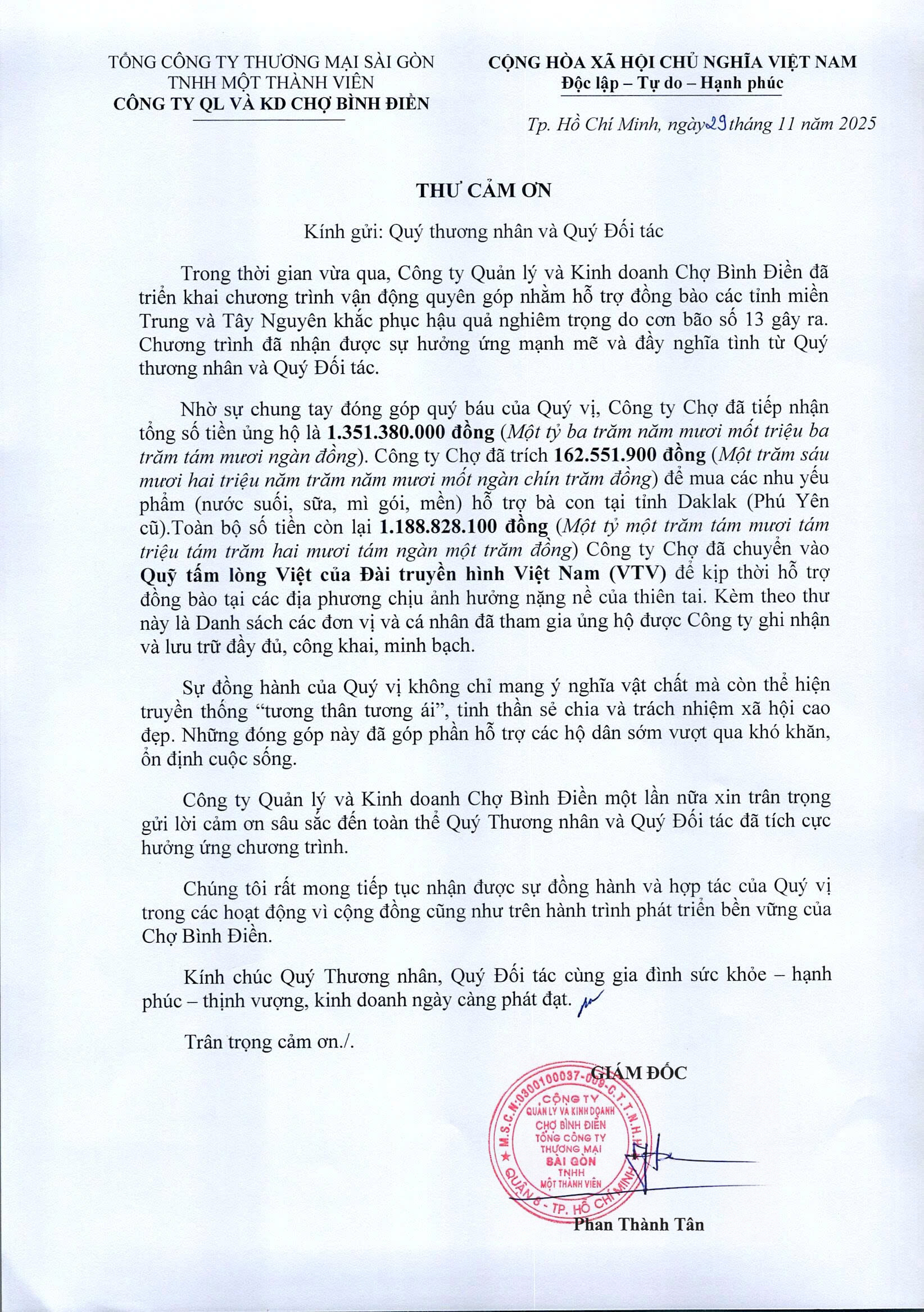 Công ty Quản lý và Kinh doanh Chợ Bình Điền phát động quyên góp ủng hộ đồng bào bị ảnh hưởng bởi mưa lũ